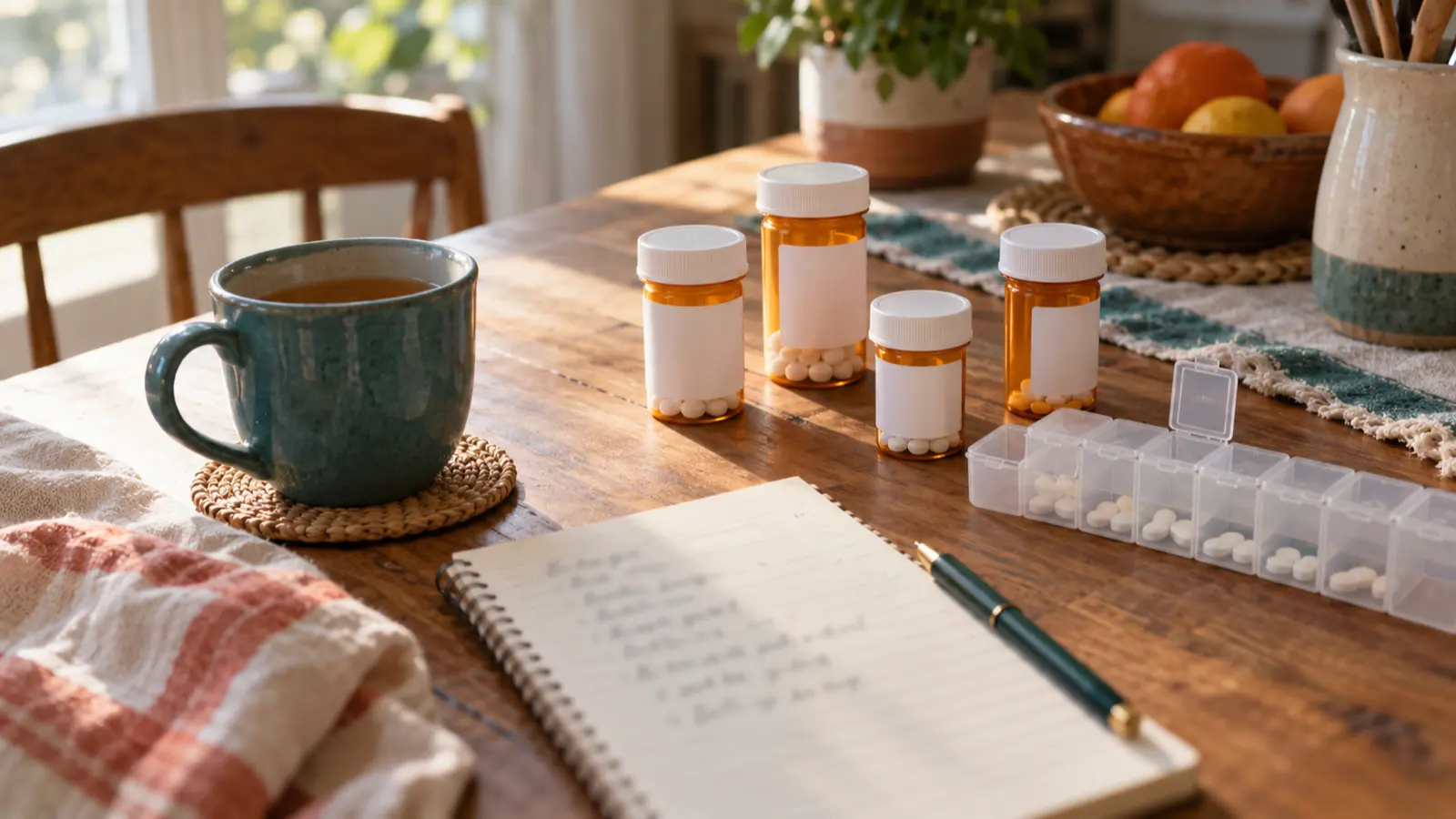 A kitchen table with a handwritten medication list, pill bottles, a weekly pill organizer and a mug of tea