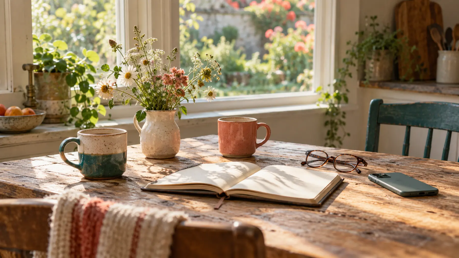 A sunlit kitchen table with two mugs, wildflowers, an open notebook and reading glasses