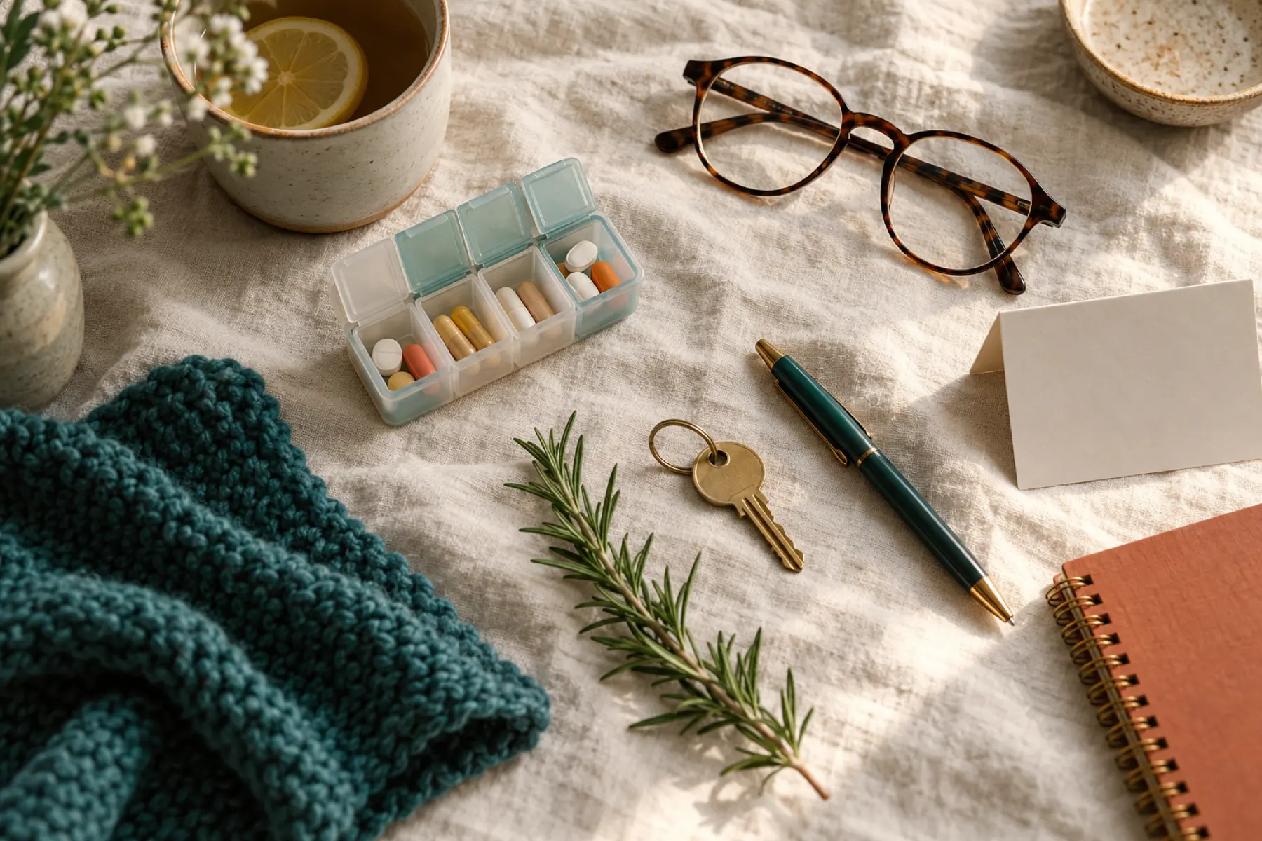 A pill organizer, reading glasses, a house key, a pen and a notebook laid out on a linen cloth